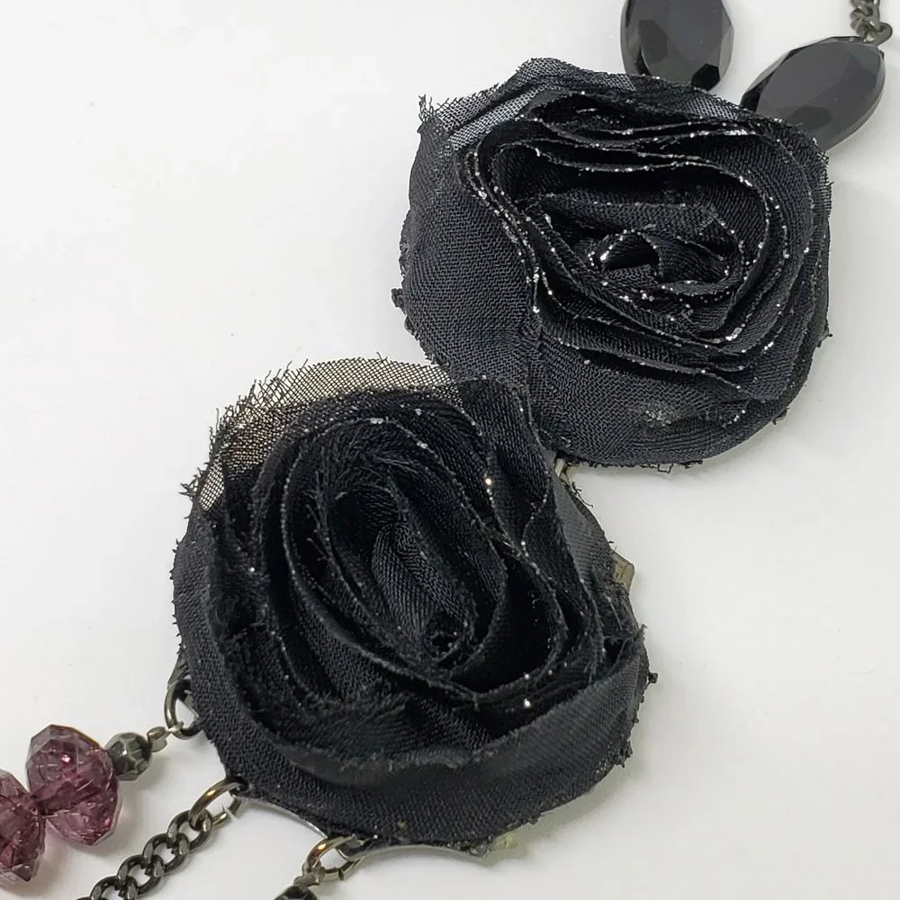 Black Organza Flower Purple Beaded Statement Triple Strand Statement Necklace